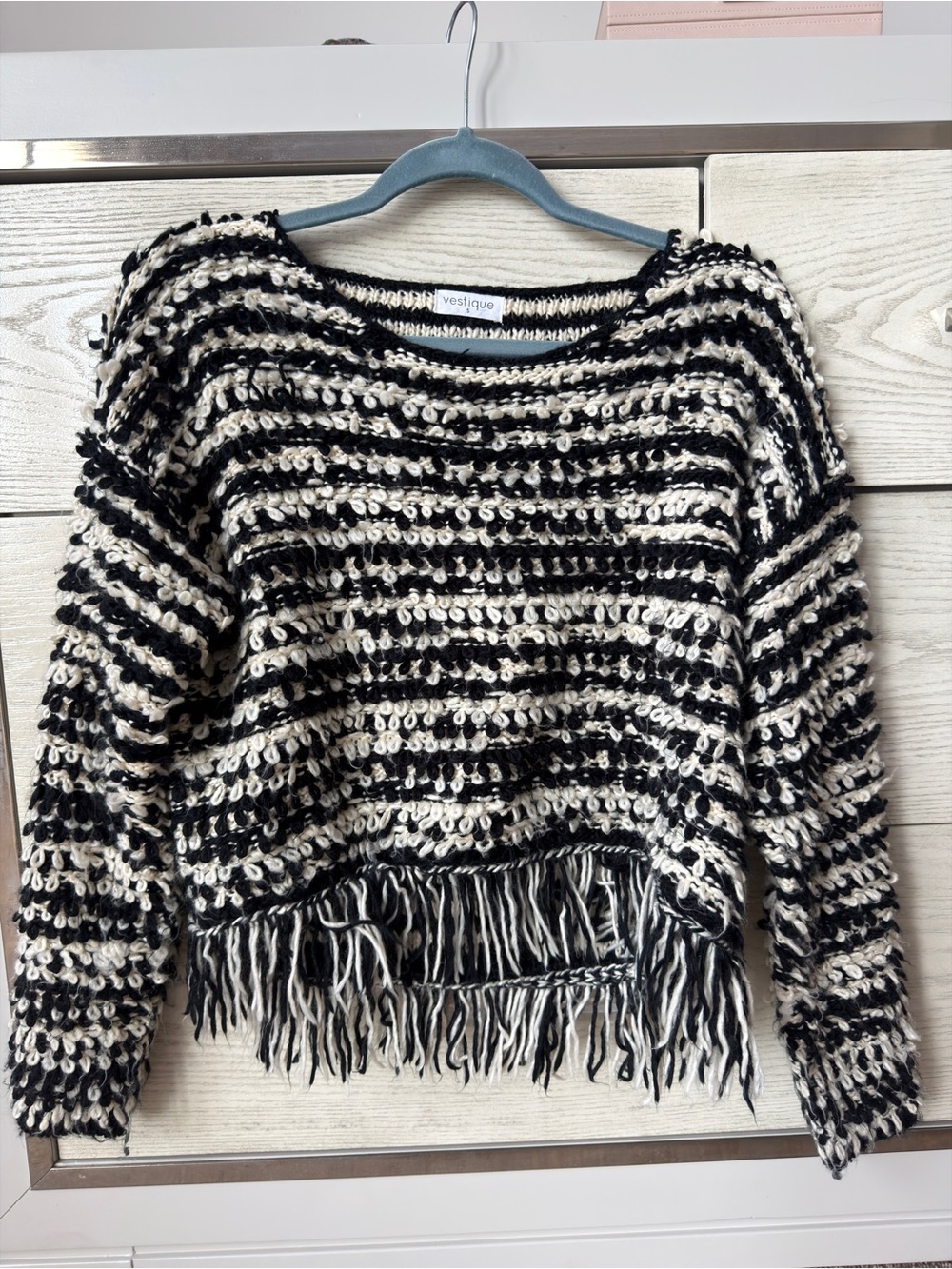 Vestique Black and Cream Striped Fringe Crewneck Sweater